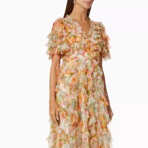 Needle & Thread Floral Ruffle Maxi Dress in Pastel Orange, Pink & Green